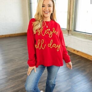 Sleigh All Day Red Women's Sweater with Gold Script
